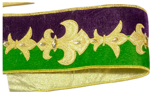 Pre-Order 2026- MARDI GRAS 4"X5Y VELVET FLEUR DE LIS WIRED RIBBON