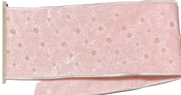 Pre-Order 2026- Light Pink Velvet & Pearl 4" Wired Ribbon