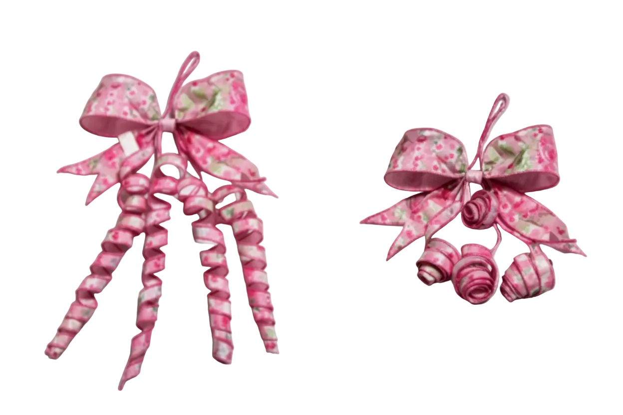 Pink Flowers Pre-Made Bow with Long Ribbon Tail