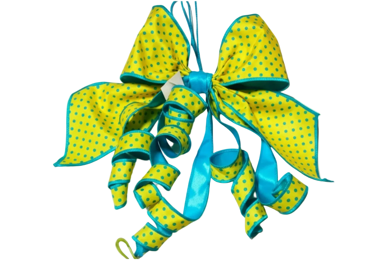 Yellow/Teal Polka Dot Pre- Made Bow with Long Triple Ribbon Tails