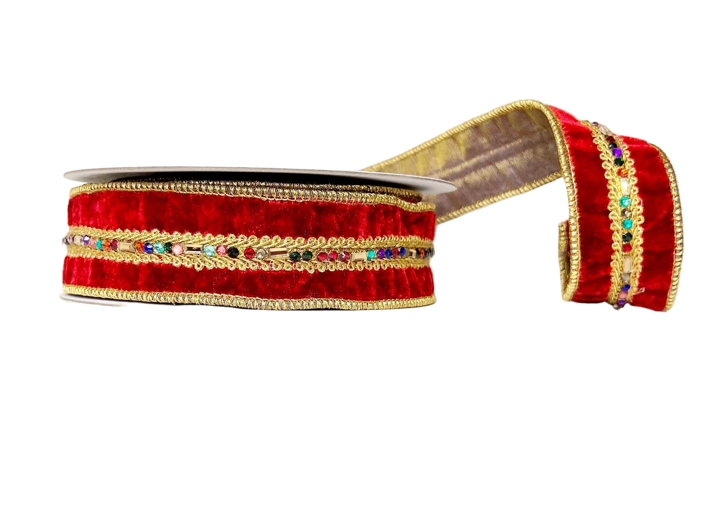 Red Velvet Multi Gem and Gold Trim 1.5" x 5Y Wired Ribbon
