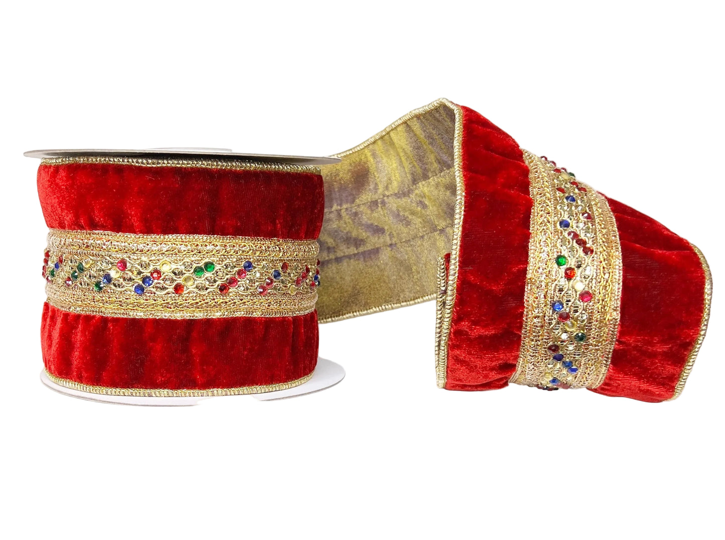 Red Velvet Multi Gem and Gold Trim 4" x 5Y Wired Ribbon