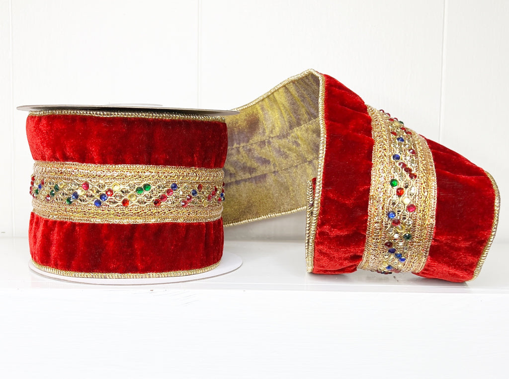 Red Velvet Multi Gem and Gold Trim 4" x 5Y Wired Ribbon