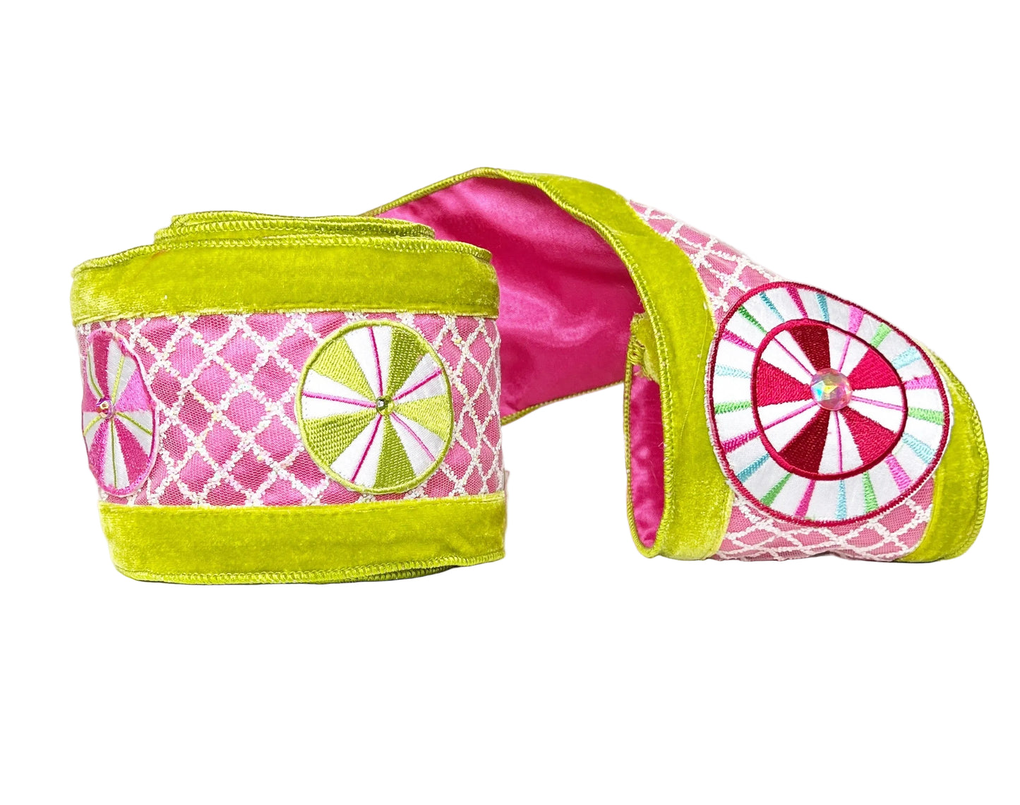 A Sweet Candy EXCLUSIVE Lime Green and Pink Velvet Wired Double-Sided Ribbon 4"x5Y