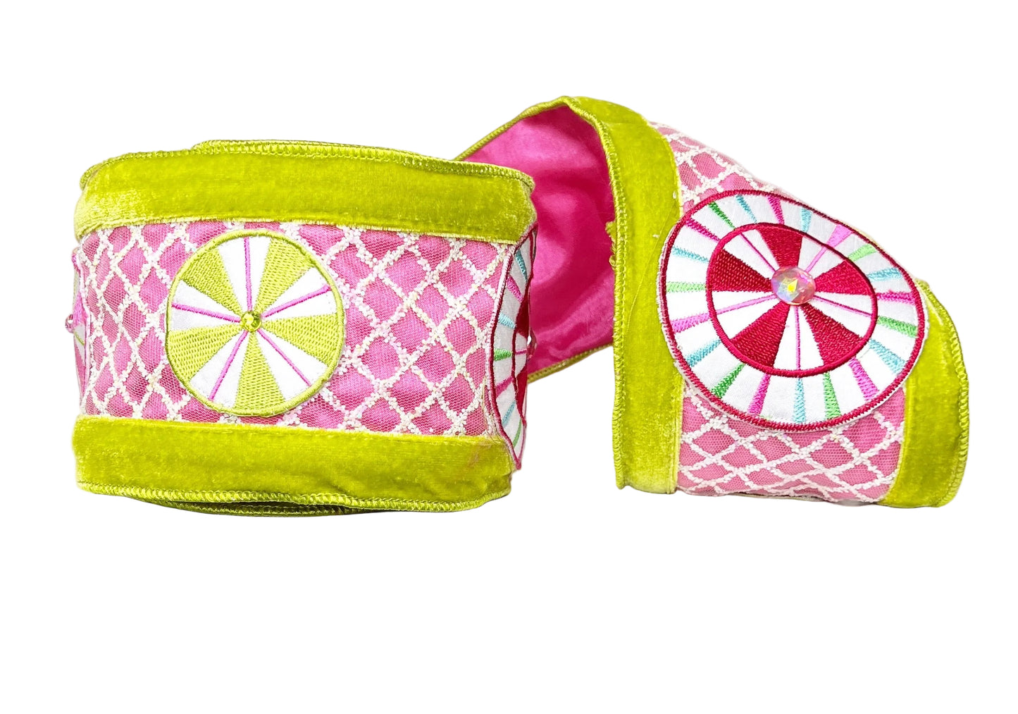 A Sweet Candy EXCLUSIVE Lime Green and Pink Velvet Wired Double-Sided Ribbon 4"x5Y