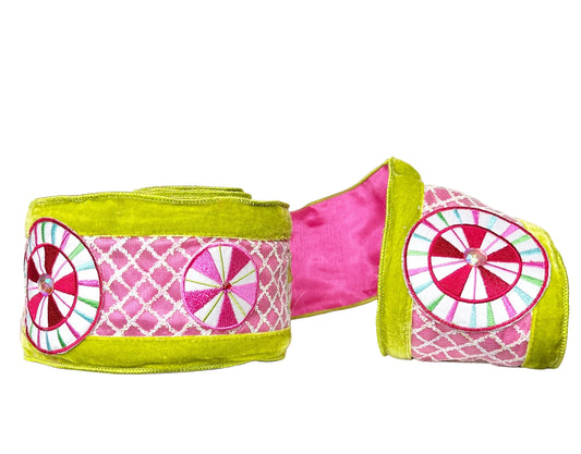 A Sweet Candy EXCLUSIVE Lime Green and Pink Velvet Wired Double-Sided Ribbon 4"x5Y