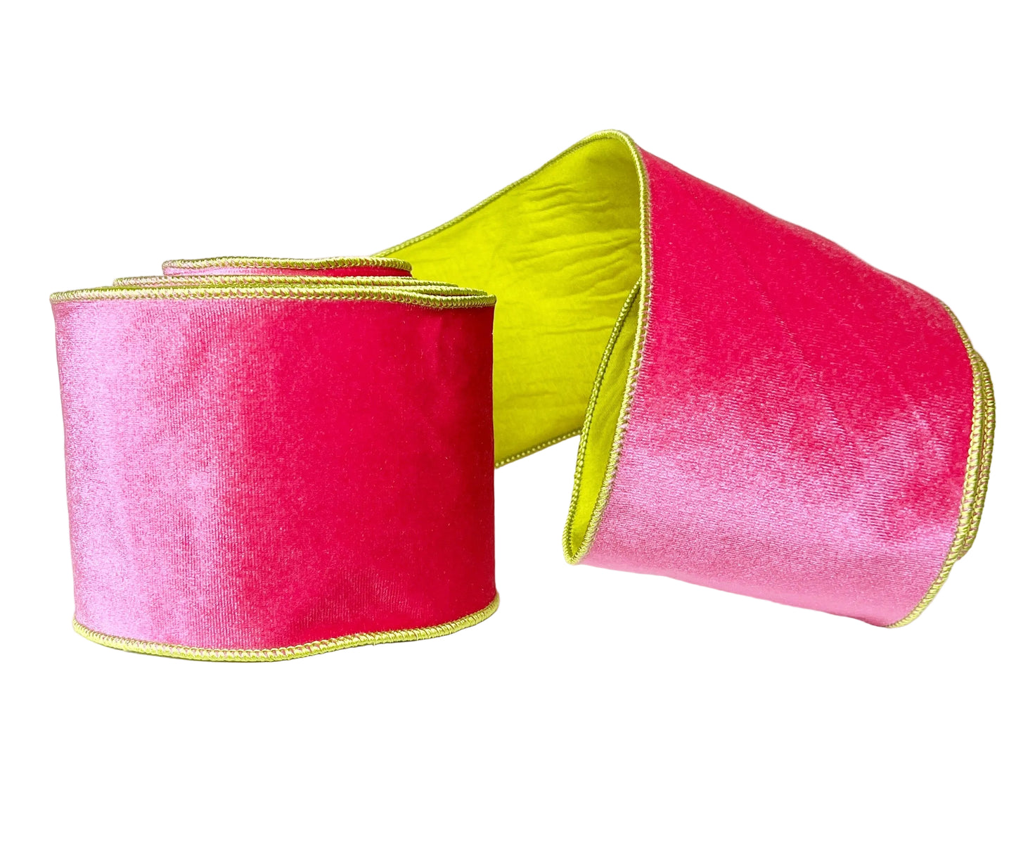 A Sweet Candy Pink and Lime Green Solid Velvet Wired Ribbon 4" x 10Y