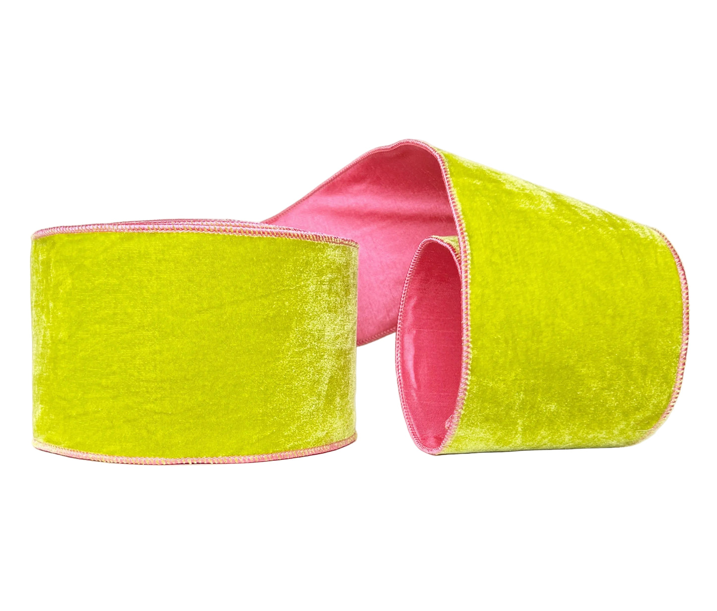 A Sweet Candy Lime Green and Pink Solid Velvet Wired Double-Sided Ribbon   4"x 10Y