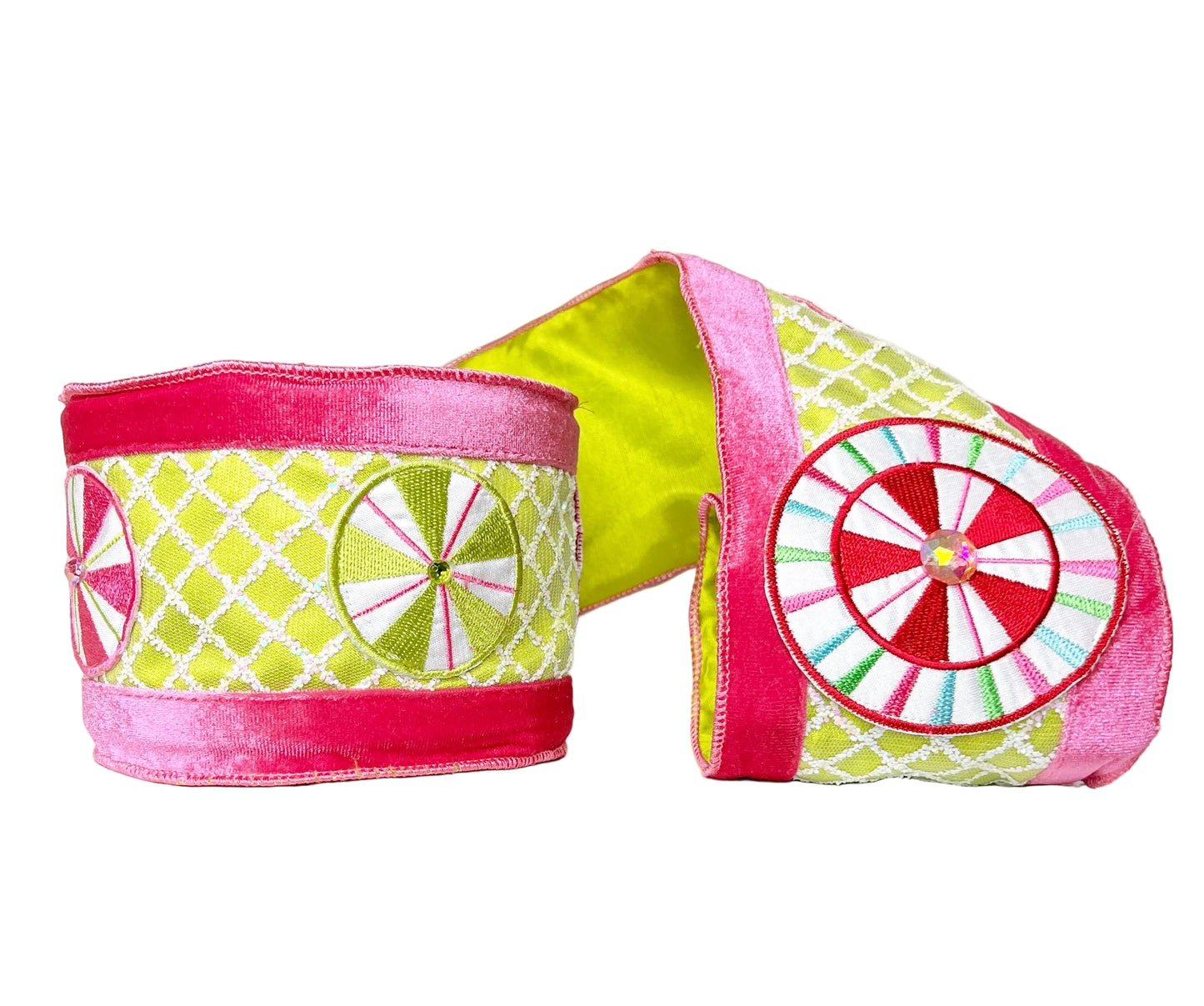 A Sweet Candy Lime Green and Pink Solid Velvet Wired Ribbon 4" x 5Y
