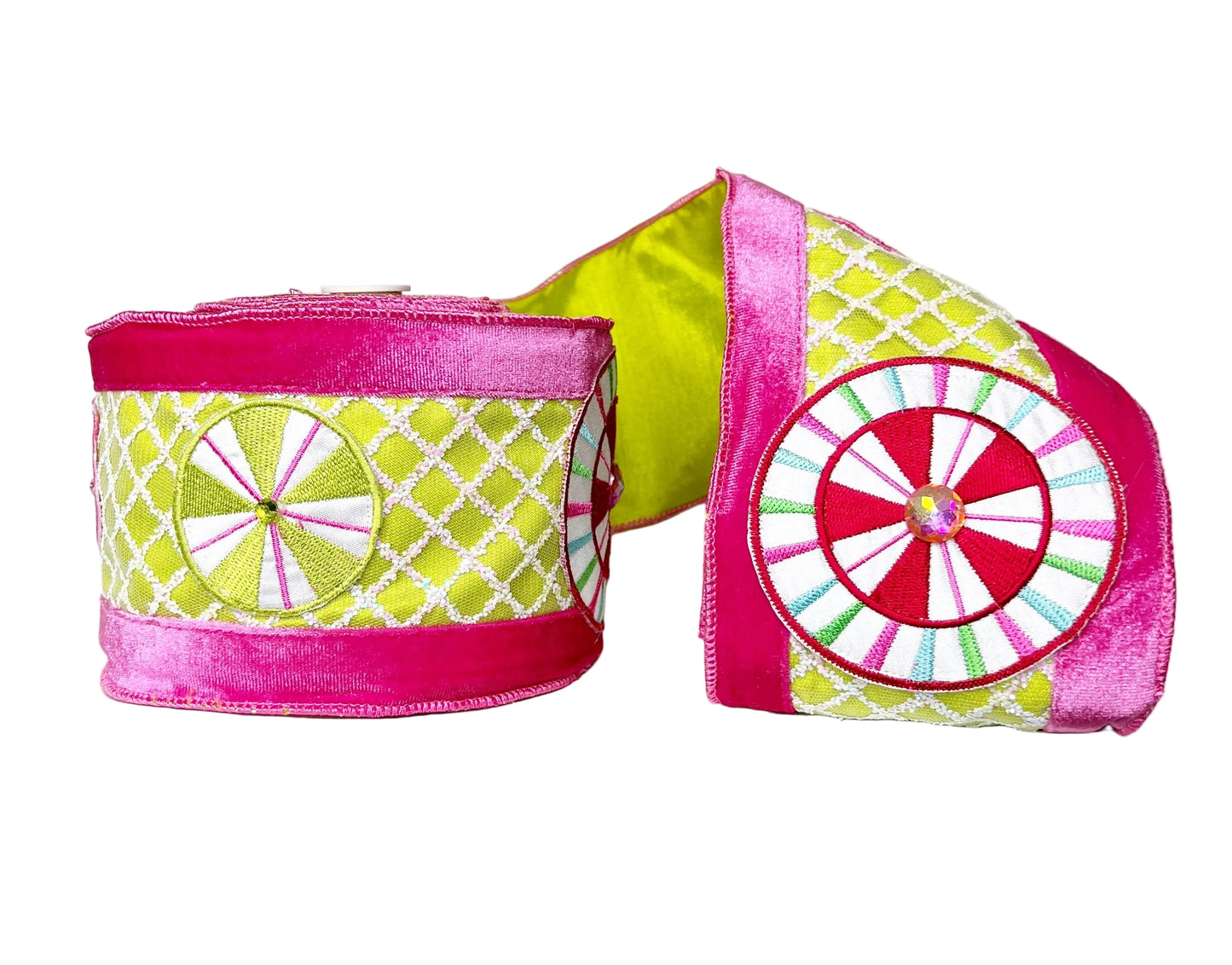 A Sweet Candy Lime Green and Pink Solid Velvet Wired Ribbon 4" x 5Y