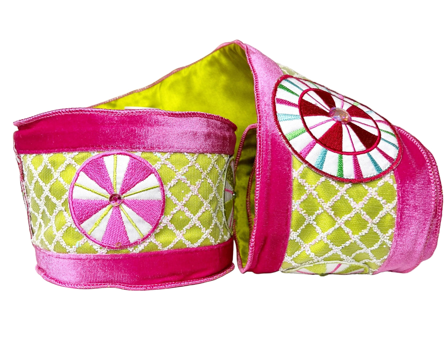 A Sweet Candy Lime Green and Pink Solid Velvet Wired Ribbon 4" x 5Y