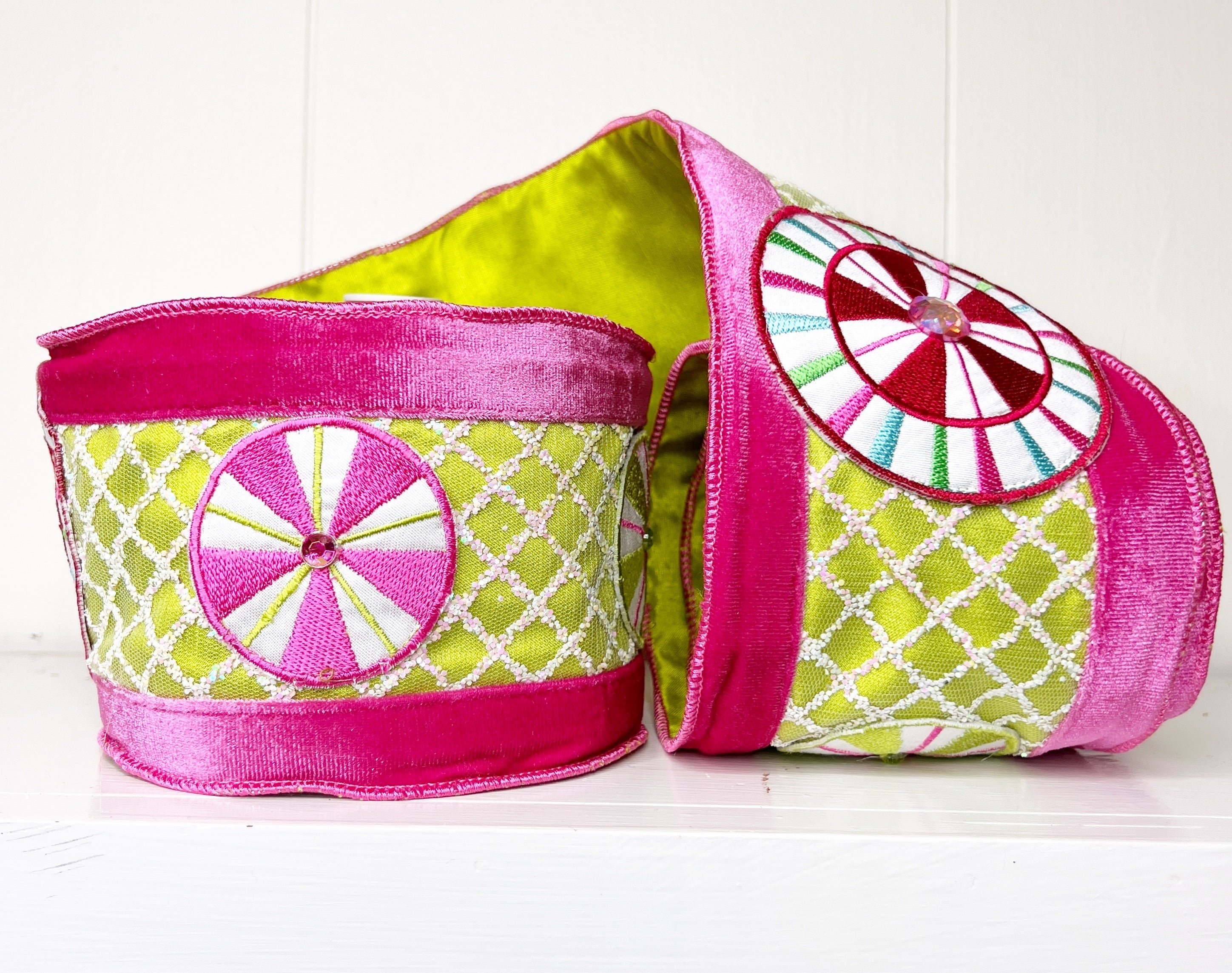 A Sweet Candy EXCLUSIVE Lime Green and Pink Solid Velvet Wired Ribbon 4 x  5Y