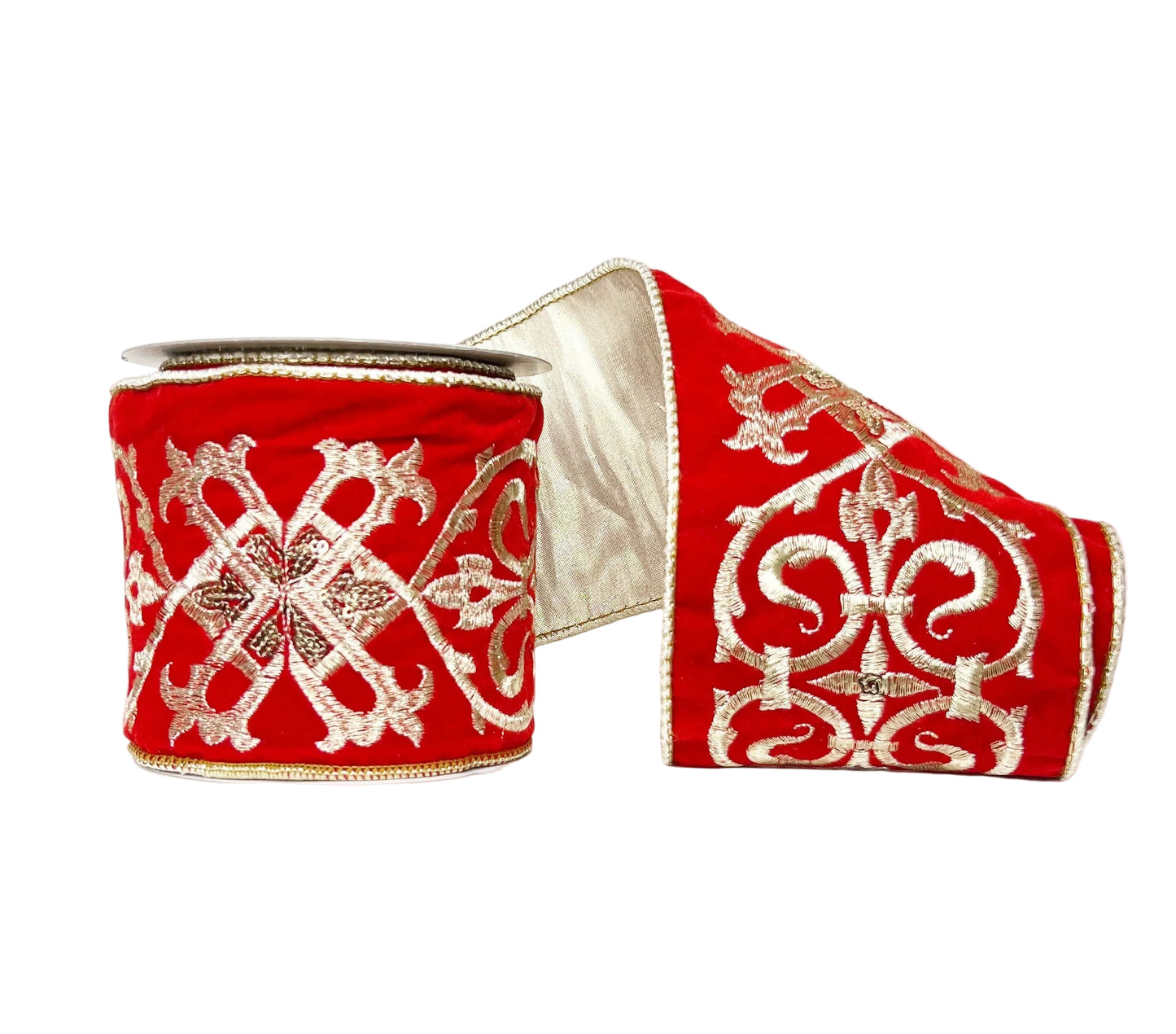 Red & Gold Multi Embroidered with Sequin Velour Velvet 4" x 5Y Wired Ribbon