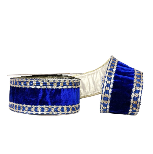 Blue Three Gold Trims on Velvet 2.5" x 5Y Wired Ribbon
