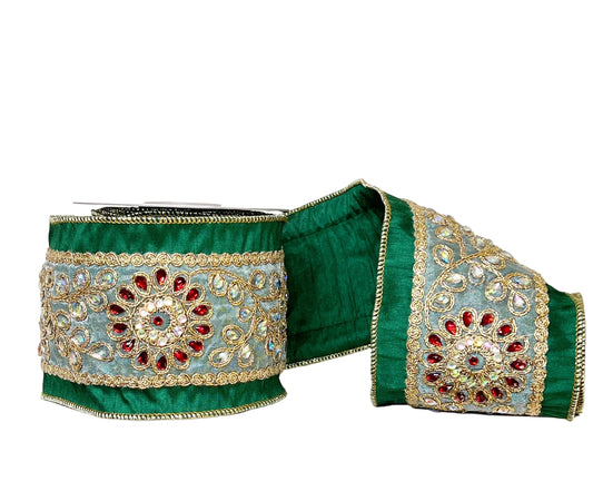 Green Dupioni Queen of Jewels Floral Trim Double Backed Wired 4" x 5Y Ribbon