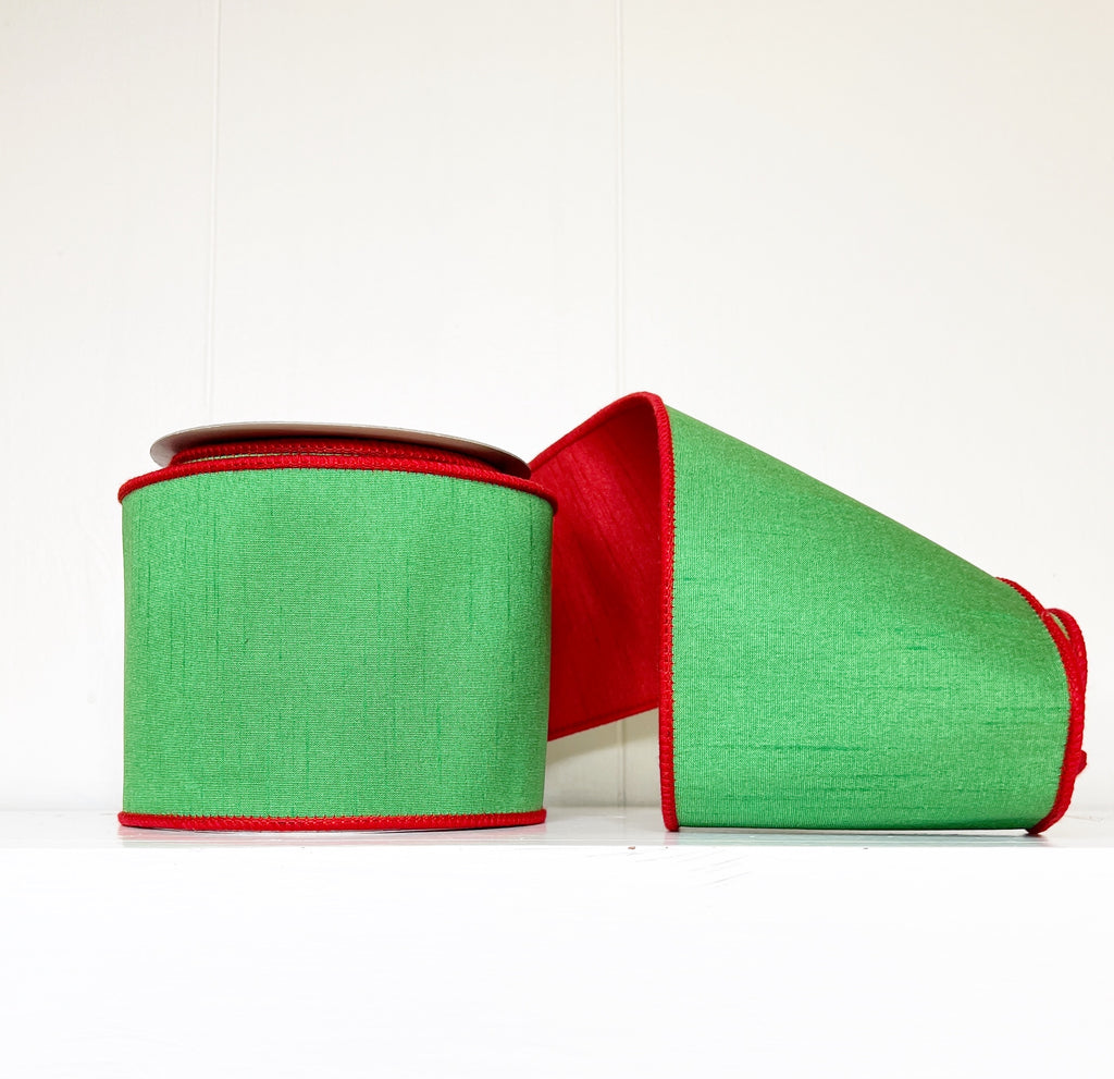 Green & Red Dupioni 4" Double Fused Double Sided Wired Ribbon