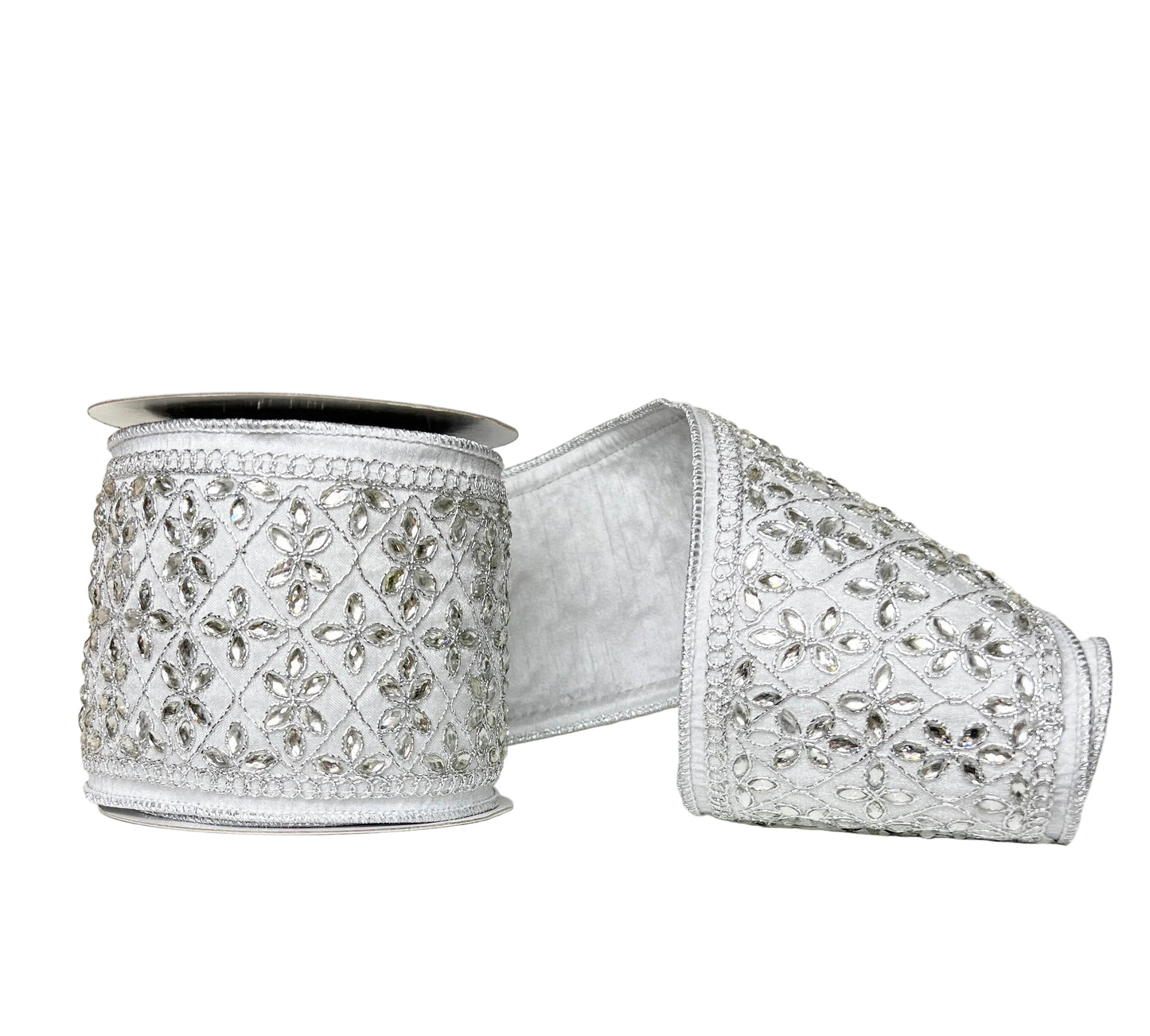 Silver Mega Jeweled Trim on Dupion 4" x 5Y Wired Ribbon