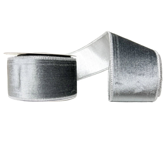 Gray Soft Velvet Metallic Dupioni Double Fused Double Sided 2.5" x 5Y Wired Ribbon