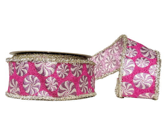 A Sweet Pink Peppermint Jacquard Ribbon with Silver Tinsel Edging 2.5"x10Y