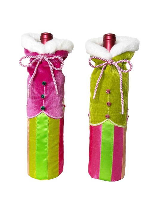 A Sweet Candy EXCLUSIVE Set of Luscious Velvet Wine Bottle Bags Trimmed with Soft White Fur