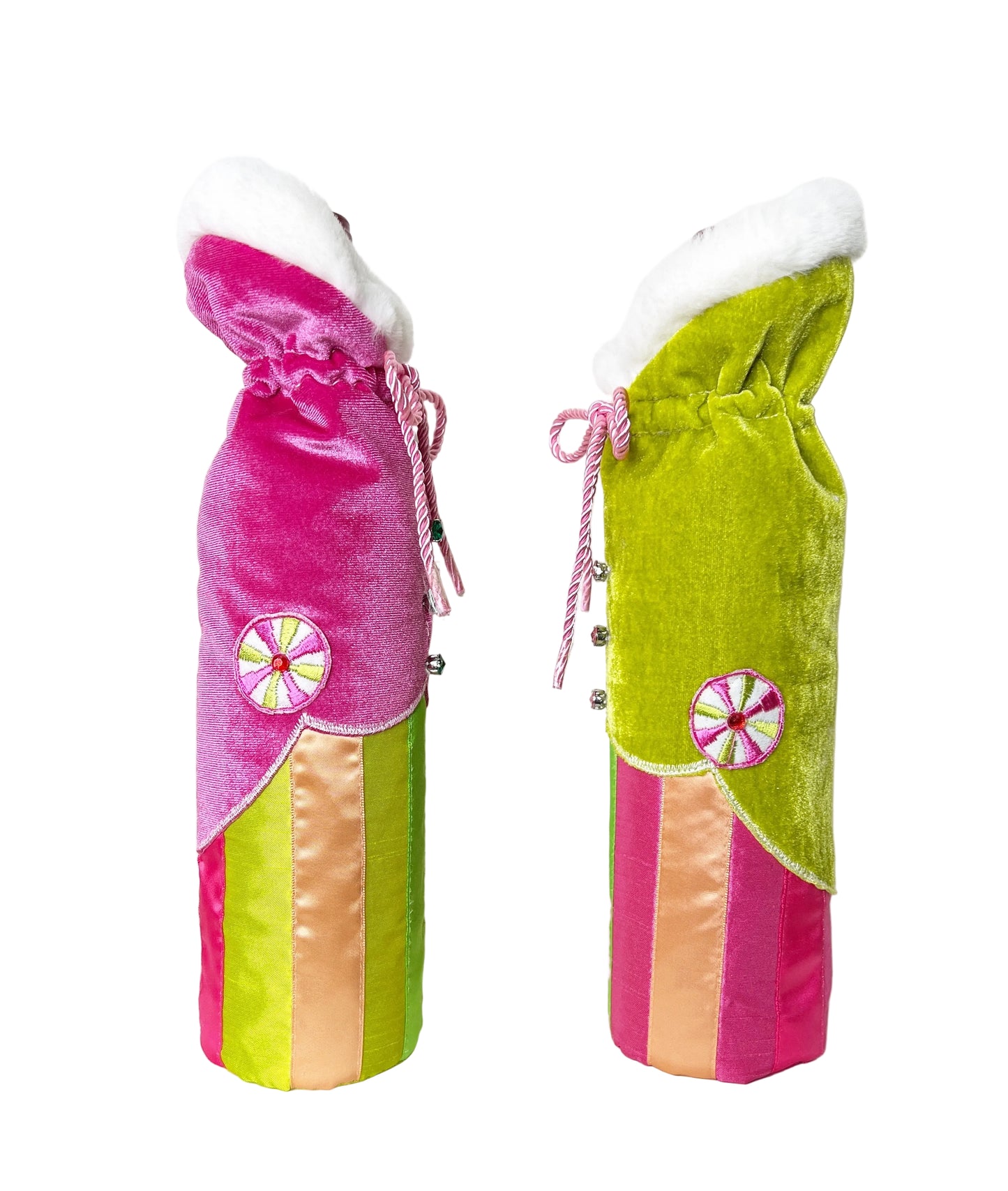 A Sweet Candy EXCLUSIVE Set of Luscious Velvet Wine Bottle Bags Trimmed with Soft White Fur