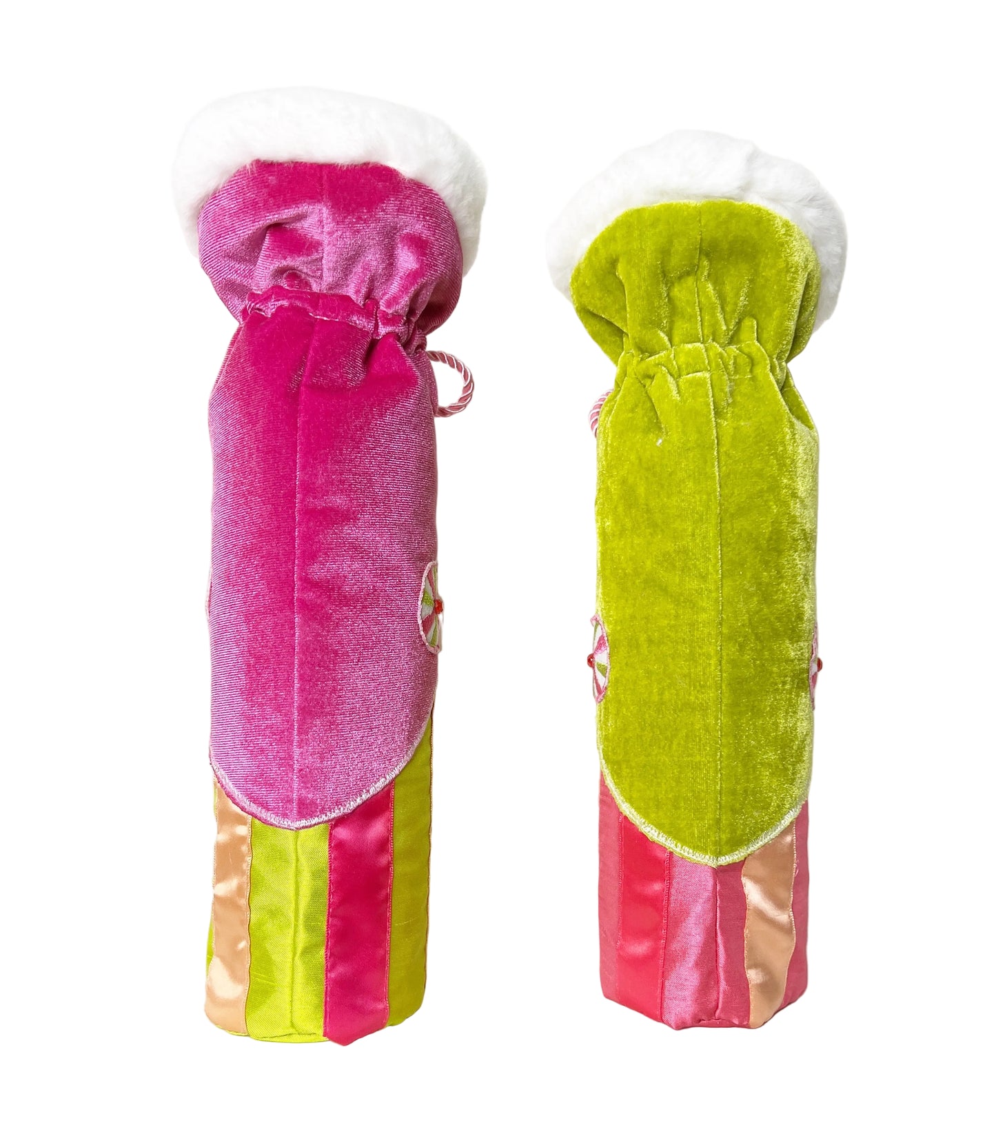 A Sweet Candy EXCLUSIVE Set of Luscious Velvet Wine Bottle Bags Trimmed with Soft White Fur