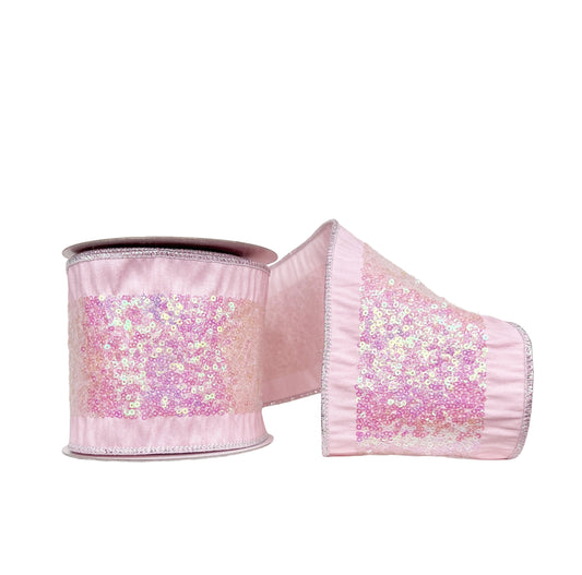 A Sweet Pink Sequin Embroidery Tissue Backed Wired Ribbon 4" x 5Y