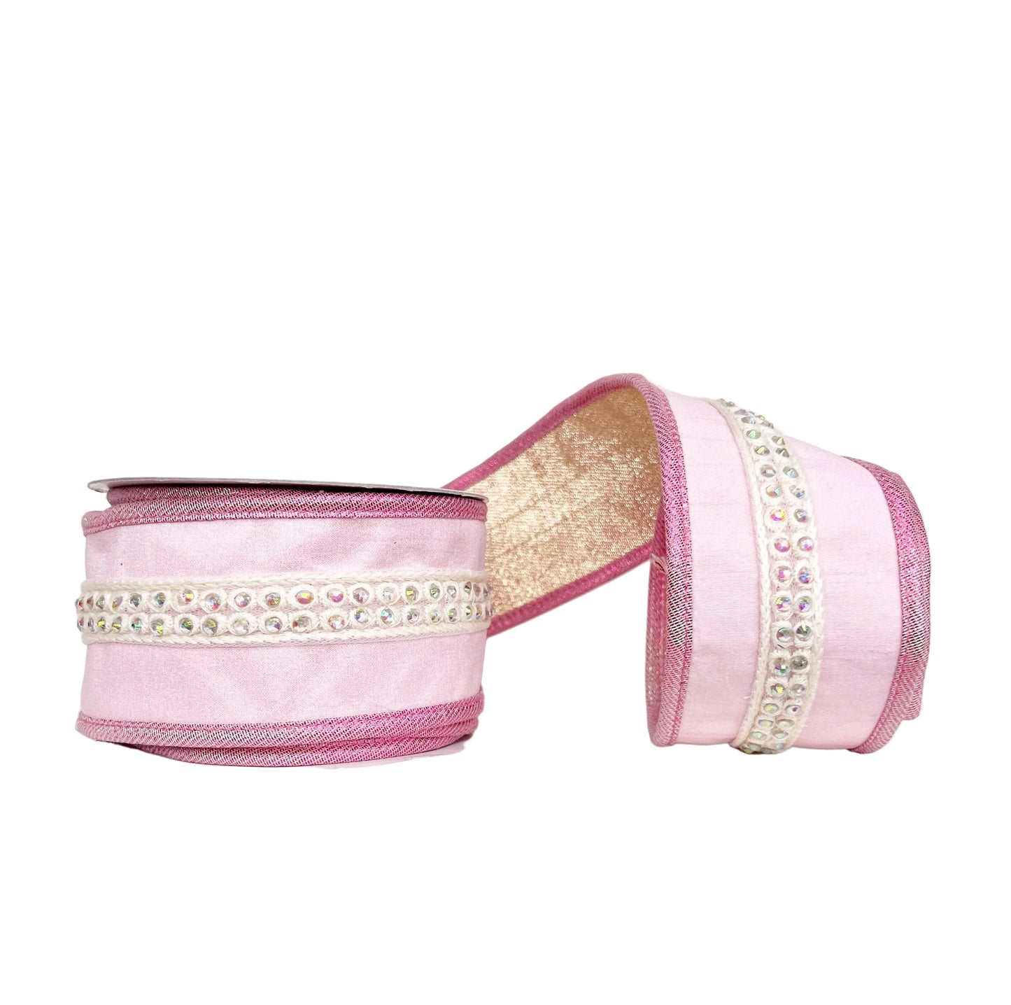 A Sweet Pink Jewel Trim on Dupioni Wired Ribbon with Iridescent Piping and Backing2.5" x 5Y