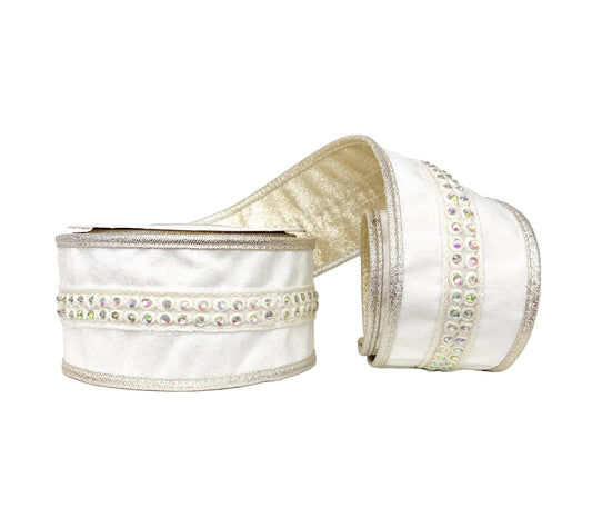 Ivory Jewel Trim on Dupioni Iridescent Backing and Iridescent Piping Wired Ribbon 2.5" x 5Y
