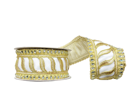 Gold & Ivory Elegant Jeweled Trim Velvet Gold Backing 2.5" 5Y Wired Ribbon