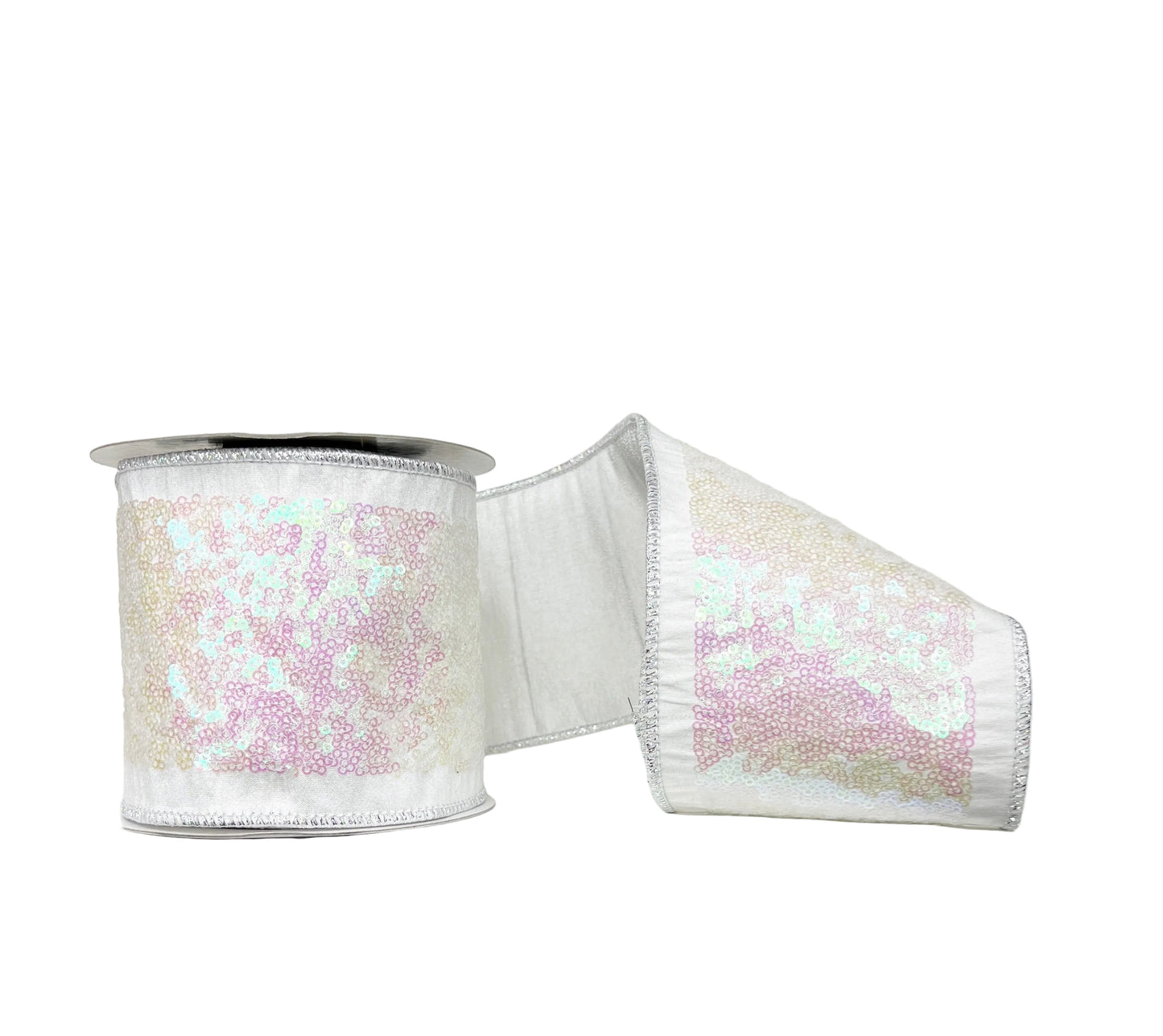 White Sequin Embroidery Tissue Backed Wired Ribbon 4" x 5Y