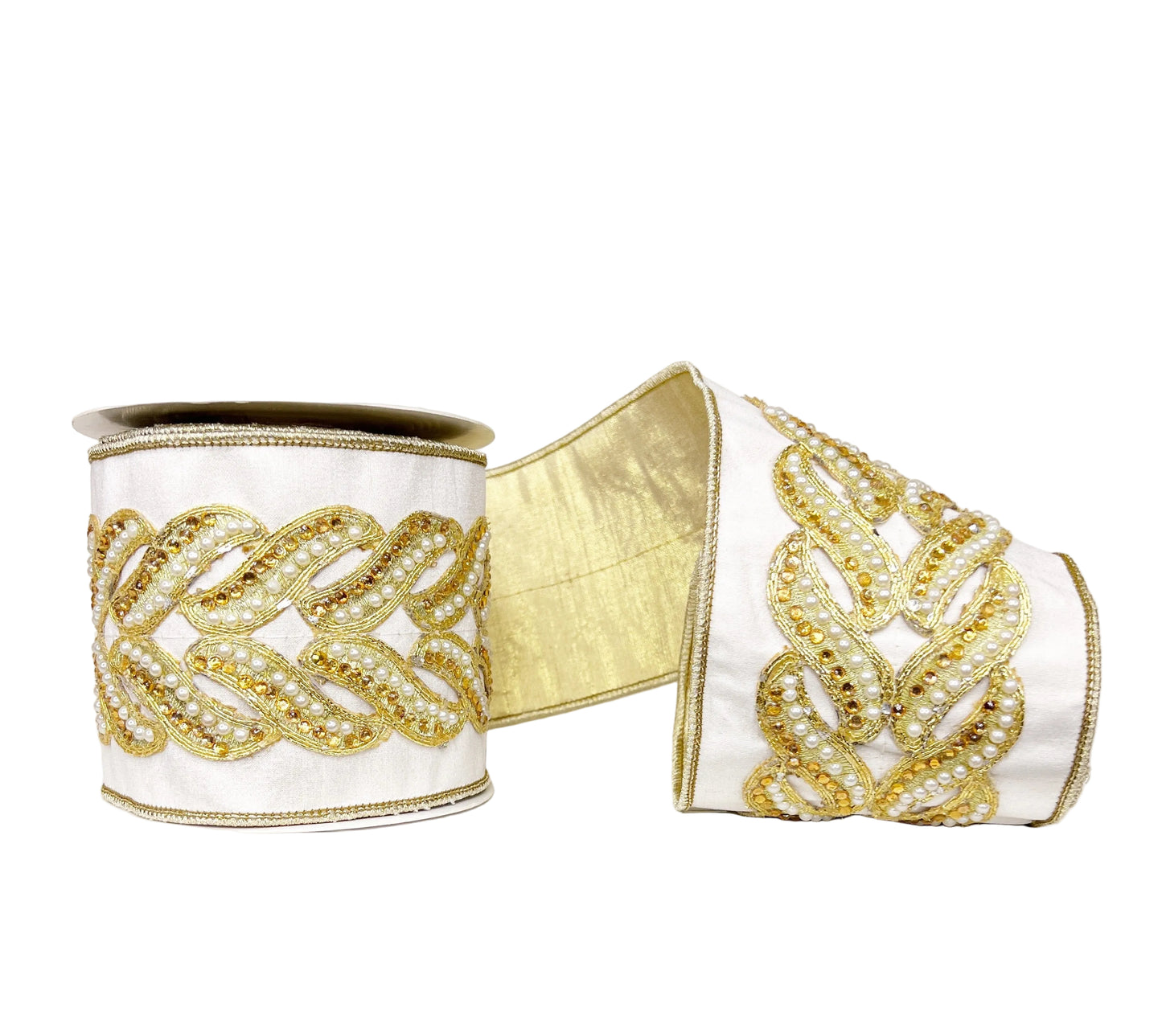 Ivory Pearl and Gold Gem Encrusted Patterned Trim Gold Metallic Dupioni Backing 4" x 5Y Wired Ribbon