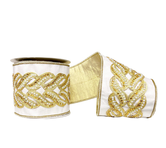 Ivory Pearl and Gold Gem Encrusted Patterned Trim Gold Metallic Dupioni Backing 4" x 5Y Wired Ribbon