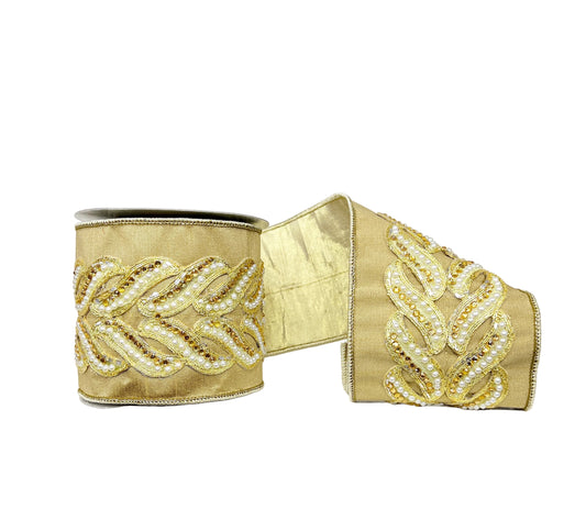 Gold Pearl and Gold Gem Encrusted Patterned Trim Gold Metallic Dupioni Backing 4" x 5Y Wired Ribbon