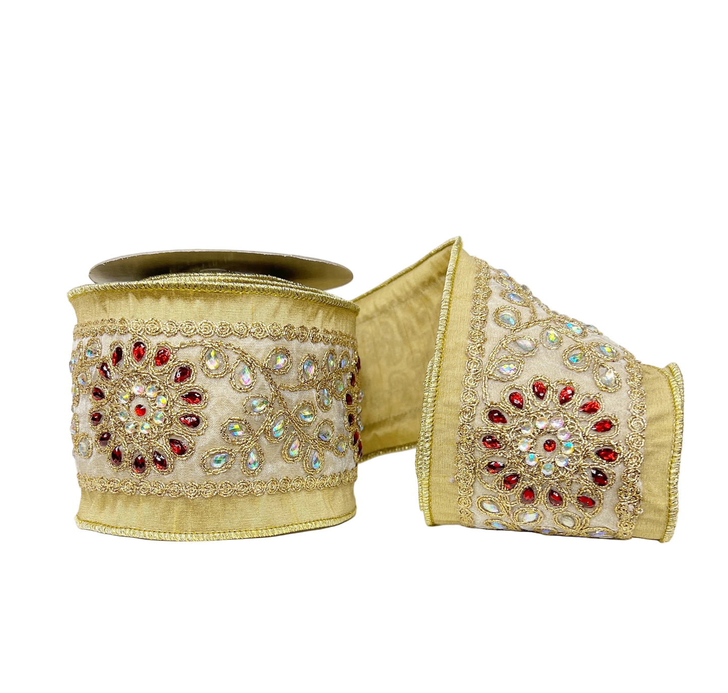 Gold Dupioni Queen of Jewels Floral Trim Double Backed Wired 4" x 5Y Ribbon