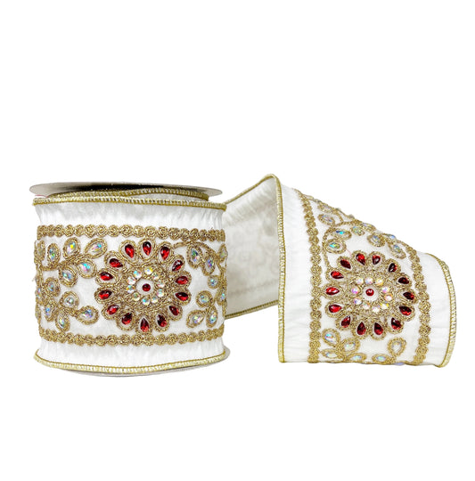 Ivory Dupioni Queen of Jewels Floral Trim Double Backed Wired 4" x 5Y Ribbon
