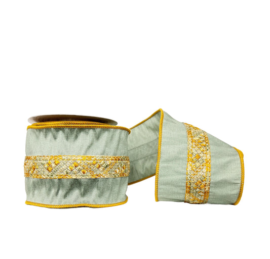 Green Dupioni With Jute Trim Wired 4" x 5Y Ribbon