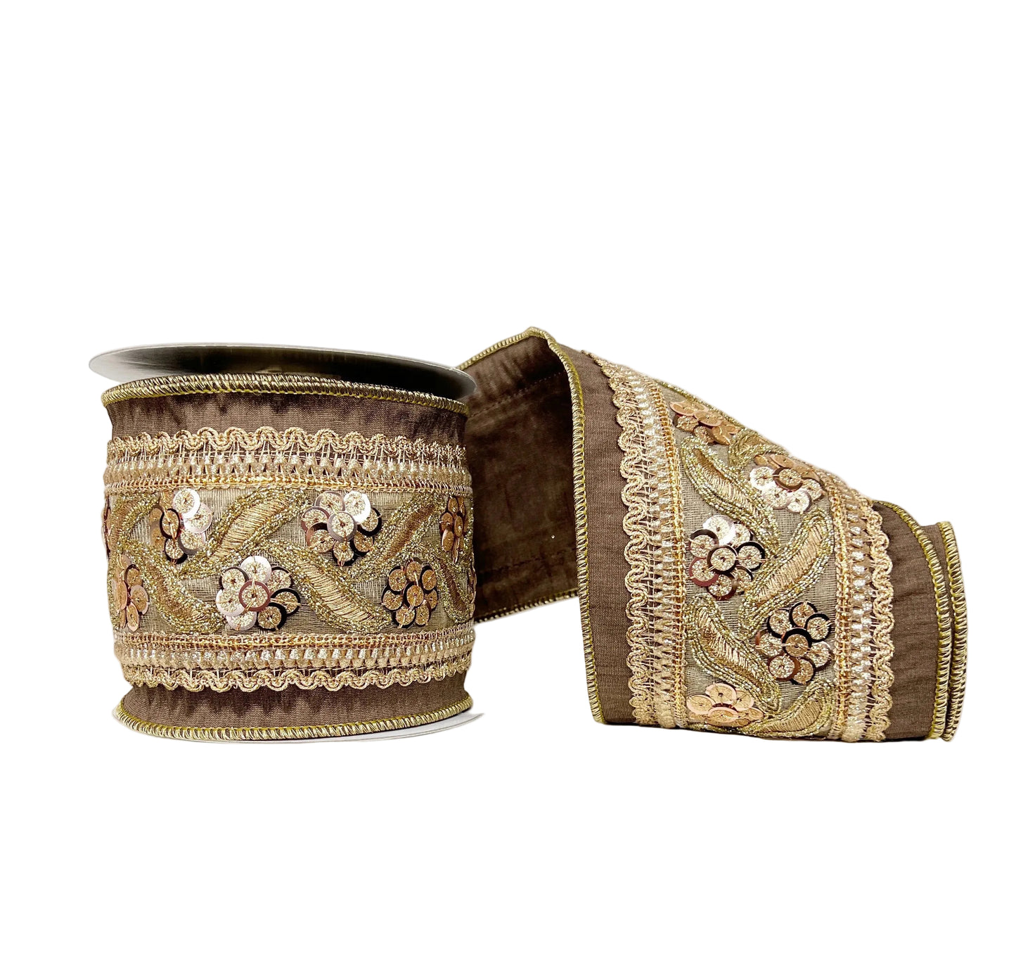 Sequin Woven Trim Brown and Copper Wired Ribbon 4"x5Y