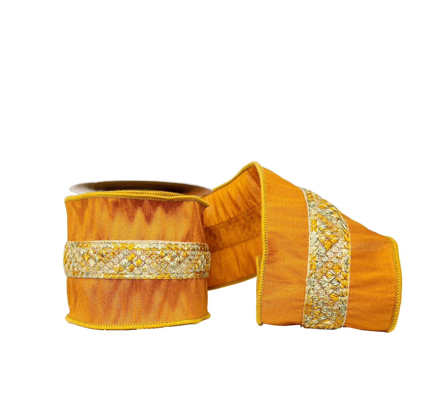 Burnt Orange Dupioni With Jute Trim Wired 4" x 5Y Ribbon