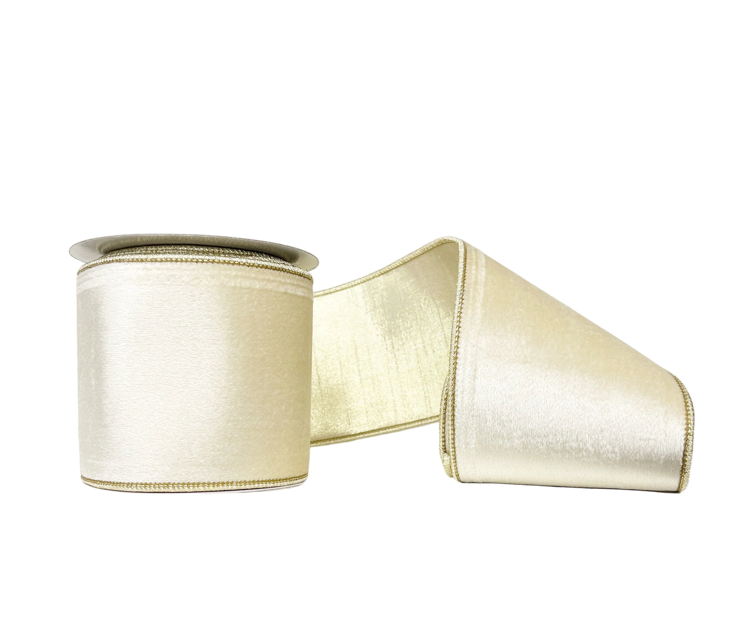 Soft Ivory Velvet Double Fused & Double Sided Metallic Gold Dupioni Wired Ribbon 4" x 5Y