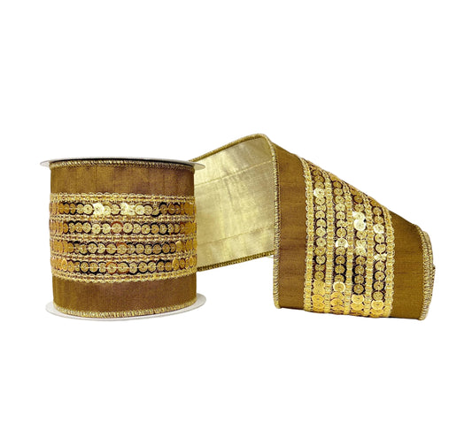 Gold Sequin Trim Brown Dupioni Wired Ribbon 4" x 5Y