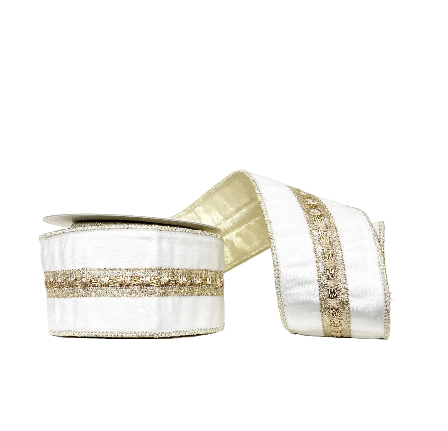 Elegant White Velvet Gold Trim Metallic Dupioni Double Fused Gold Backing Wired Ribbon-