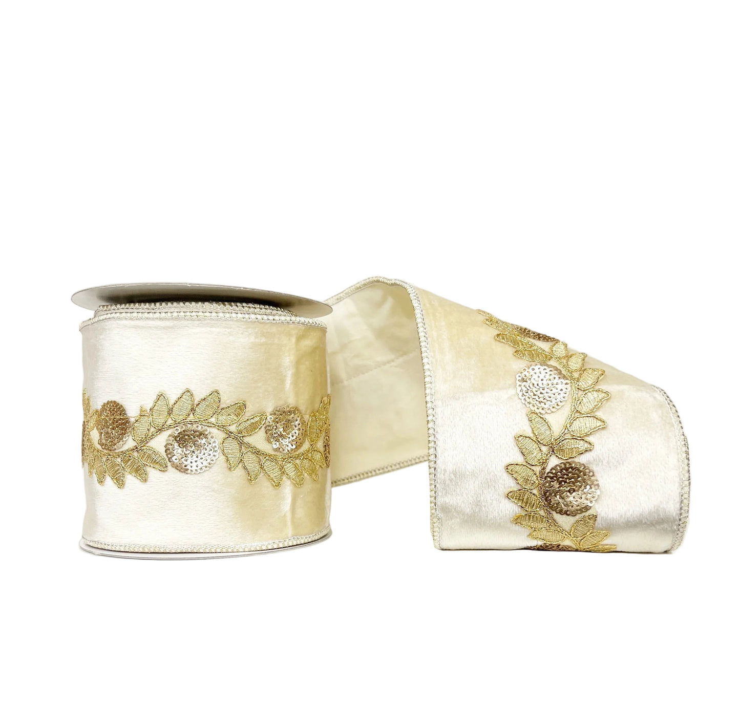 Sequin Vine Trim Creme Brulee Velvet Tafetta Backing Wired Ribbon 4" x 5Y