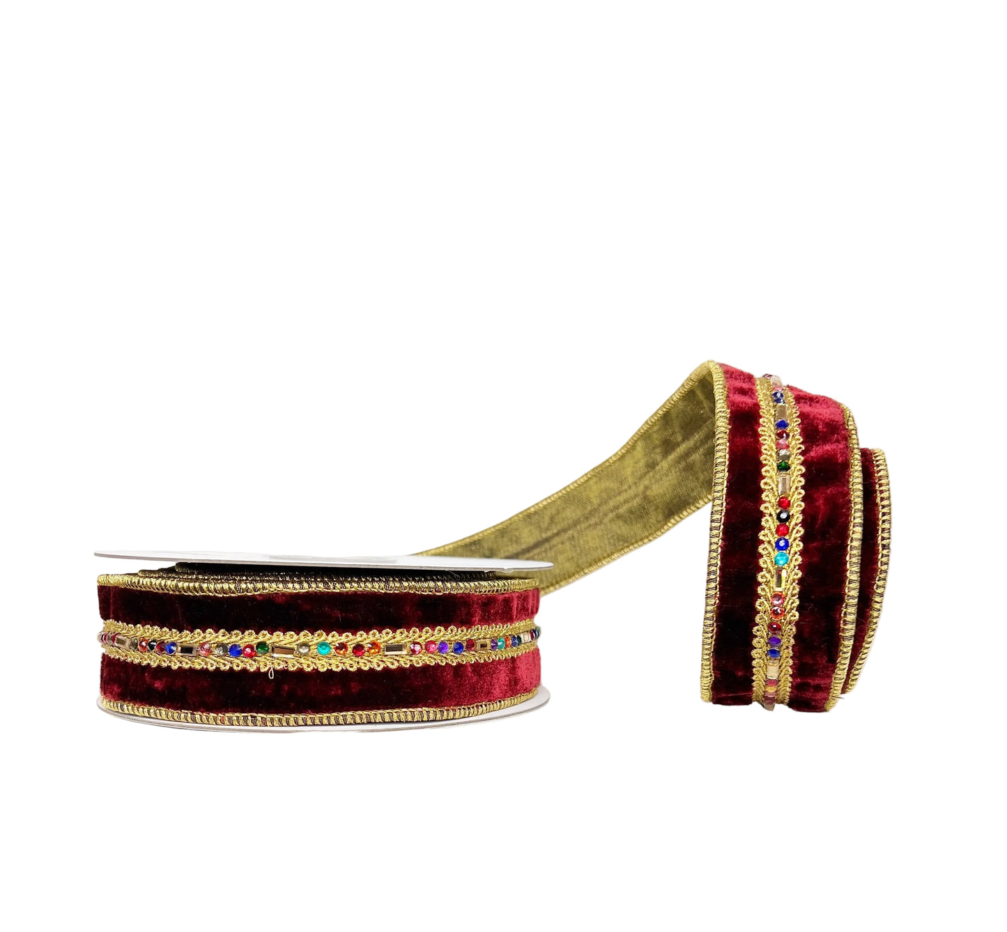 Regal Burgundy Velvet Wired Ribbon with Multi Jewel Center Trim