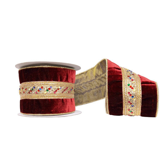 Regal Burgundy Velvet Multi-Jeweled & Gold Wired Ribbon