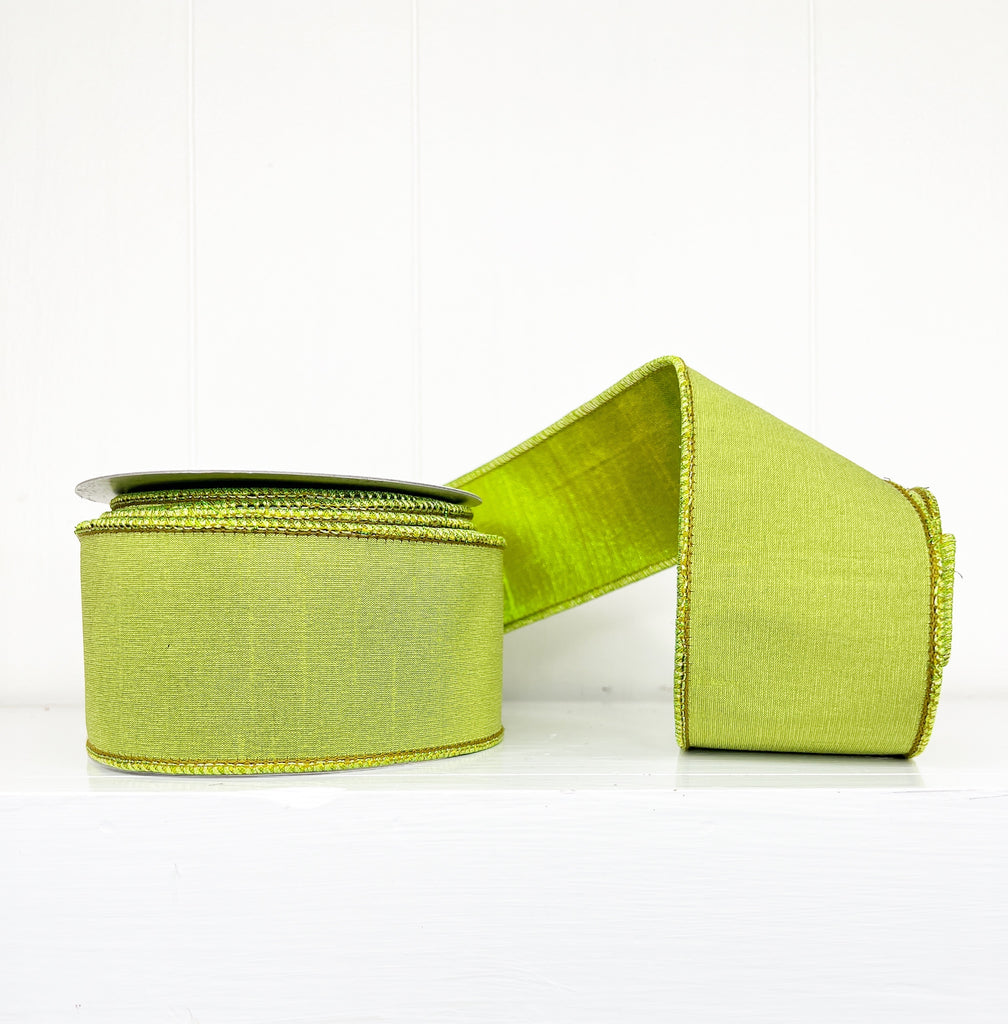 Lime Green Dupioni Double Fused Double SIded Metallic Lime Green Dupioni Wired Ribbon 2.5" x 10Y