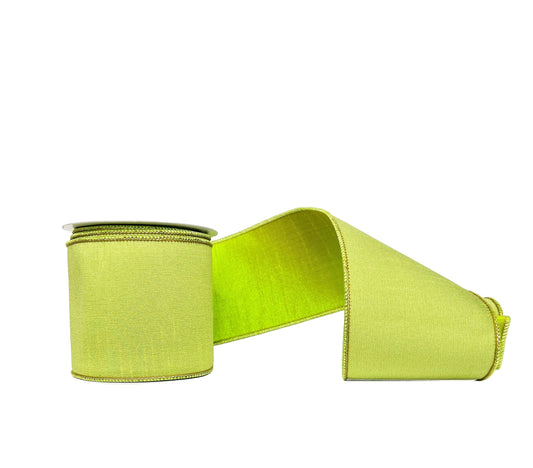 Lime Green Dupioni Double Fused Double SIded Metallic Lime Green Dupioni Wired Ribbon 4" x 10Y
