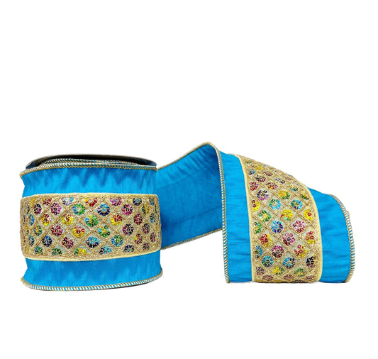 Multi Sequin Diamond Trim Blue Dupion 4" x 5Y Wired Ribbon