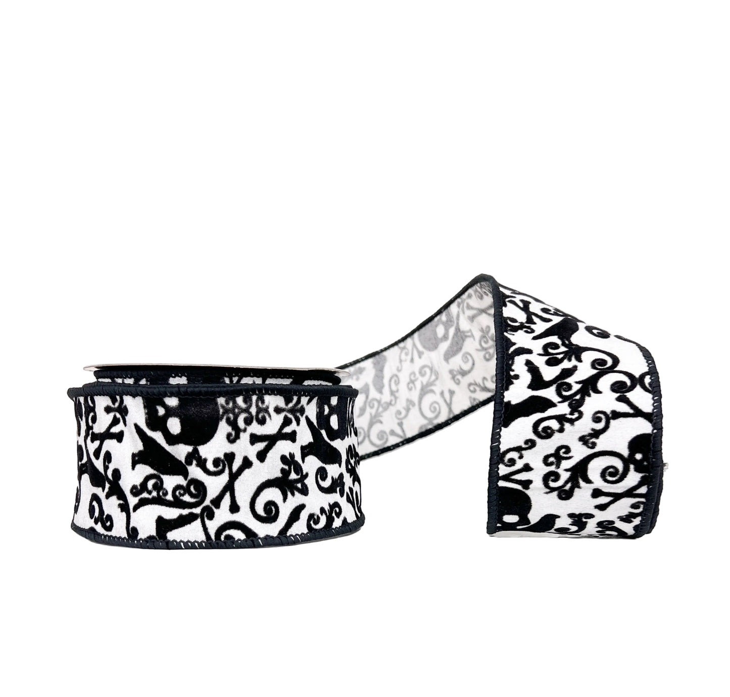 Halloween Collection- Black & White Skull, Crow & Cross Bones Flocked Dupioni 2.5" x 5Y Wired Ribbon