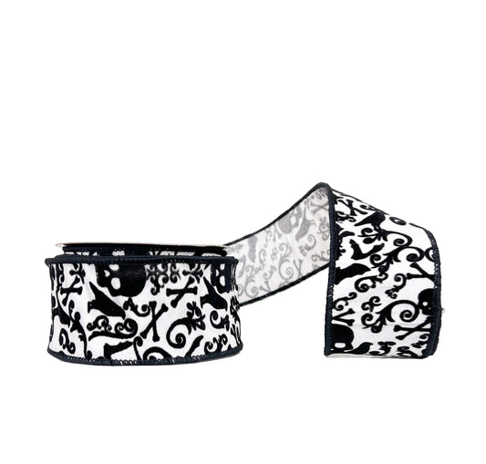 Halloween Collection- Black & White Skull, Crow & Cross Bones Flocked Dupioni 2.5" x 5Y Wired Ribbon